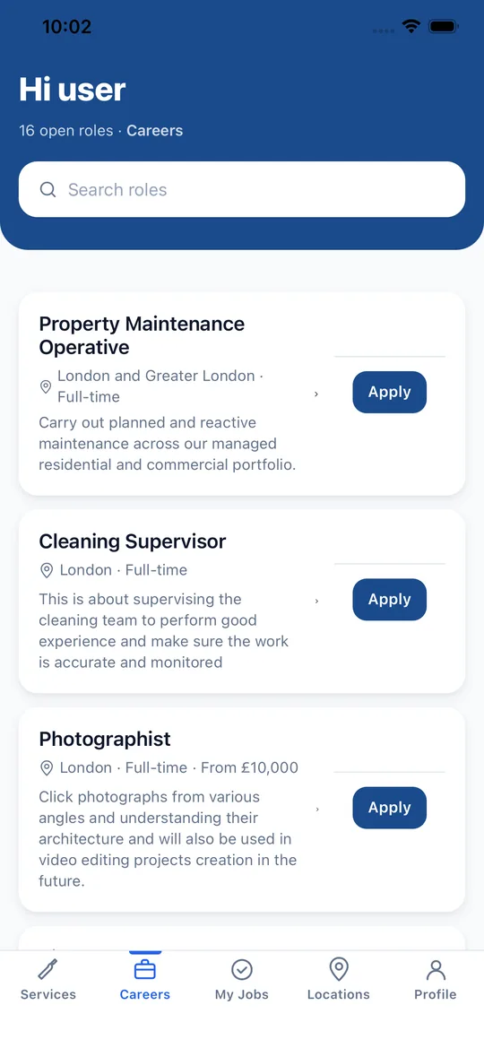 Bluelink WorkForce app: open roles with an Apply button
